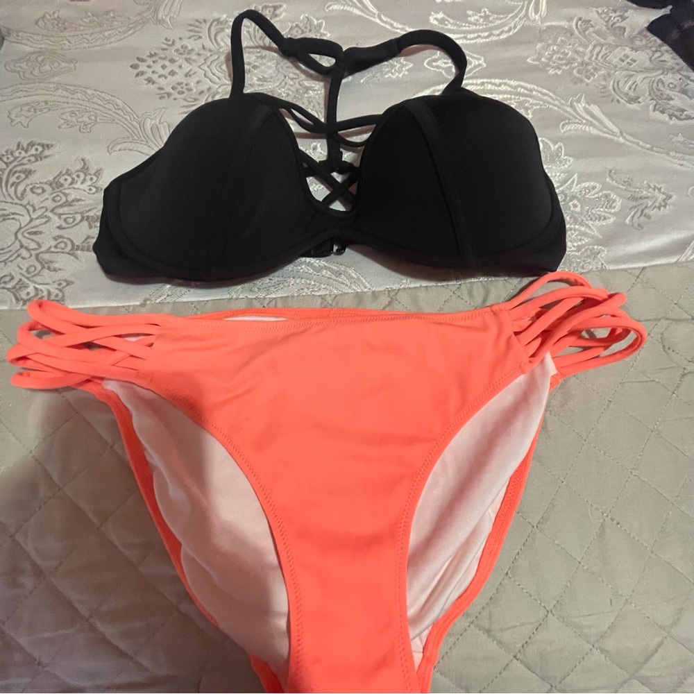 Victoria Secret Black-Orange Push up Bikini Set -topSD-DD Bottom Med.